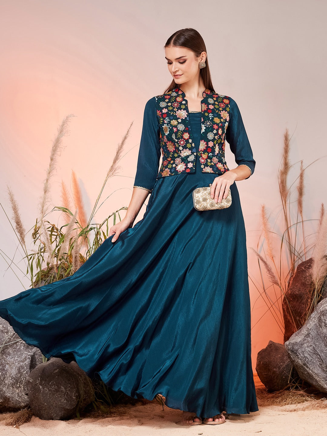 Teal Mandarin Collar Tapered Square Neck 3/4 Sleeve Embellished Jacket Style Maxi Chiffon Ethnic Dress for Women