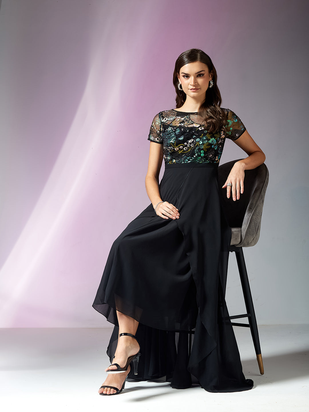 Multicolored-Base-Black Round Neck Short Sleeve Floral Layered Georgette Midi Dress for Women