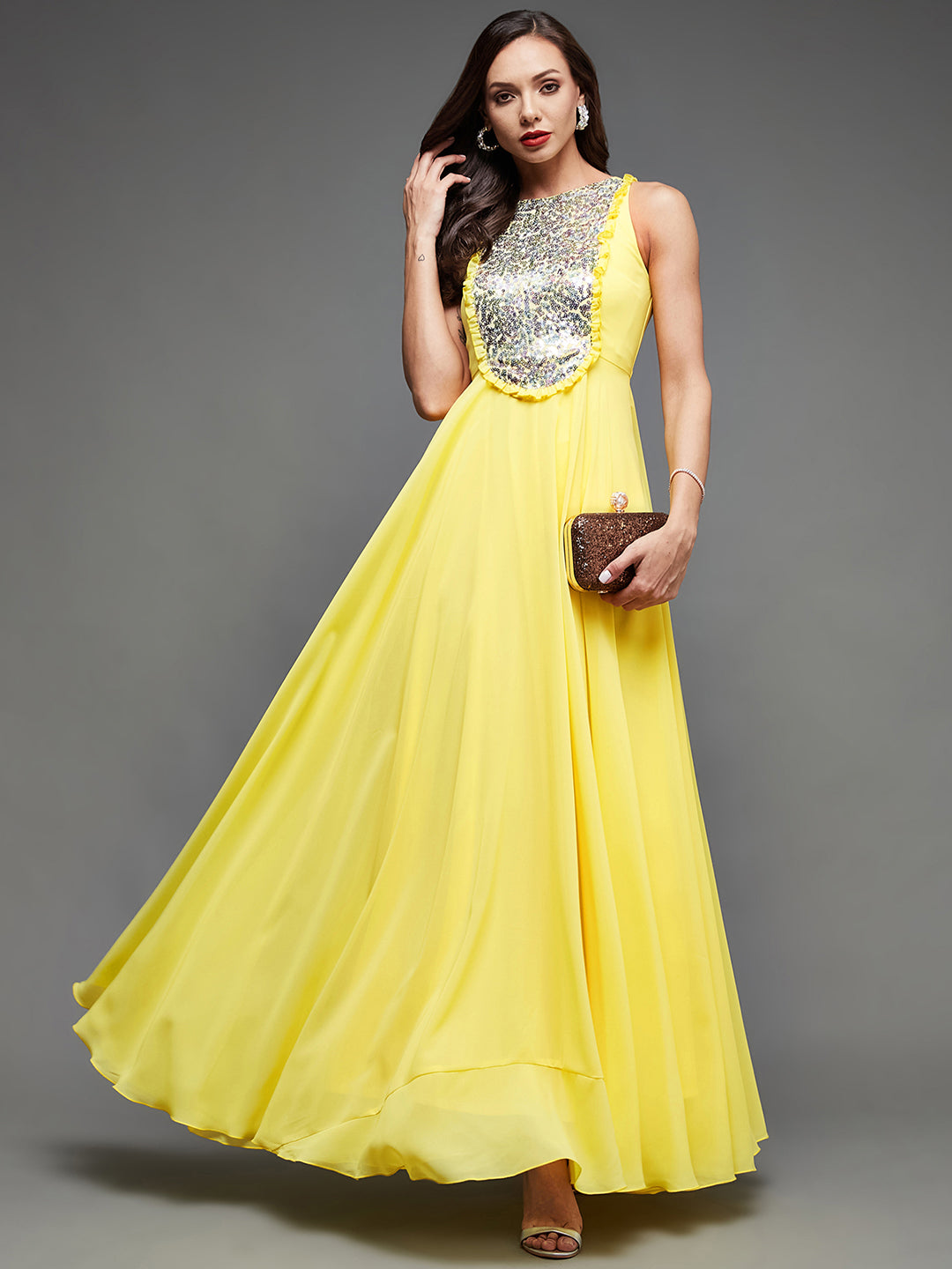 Women's Yellow Round Neck Sleeveless Embellished Frilled Georgette Maxi Dress