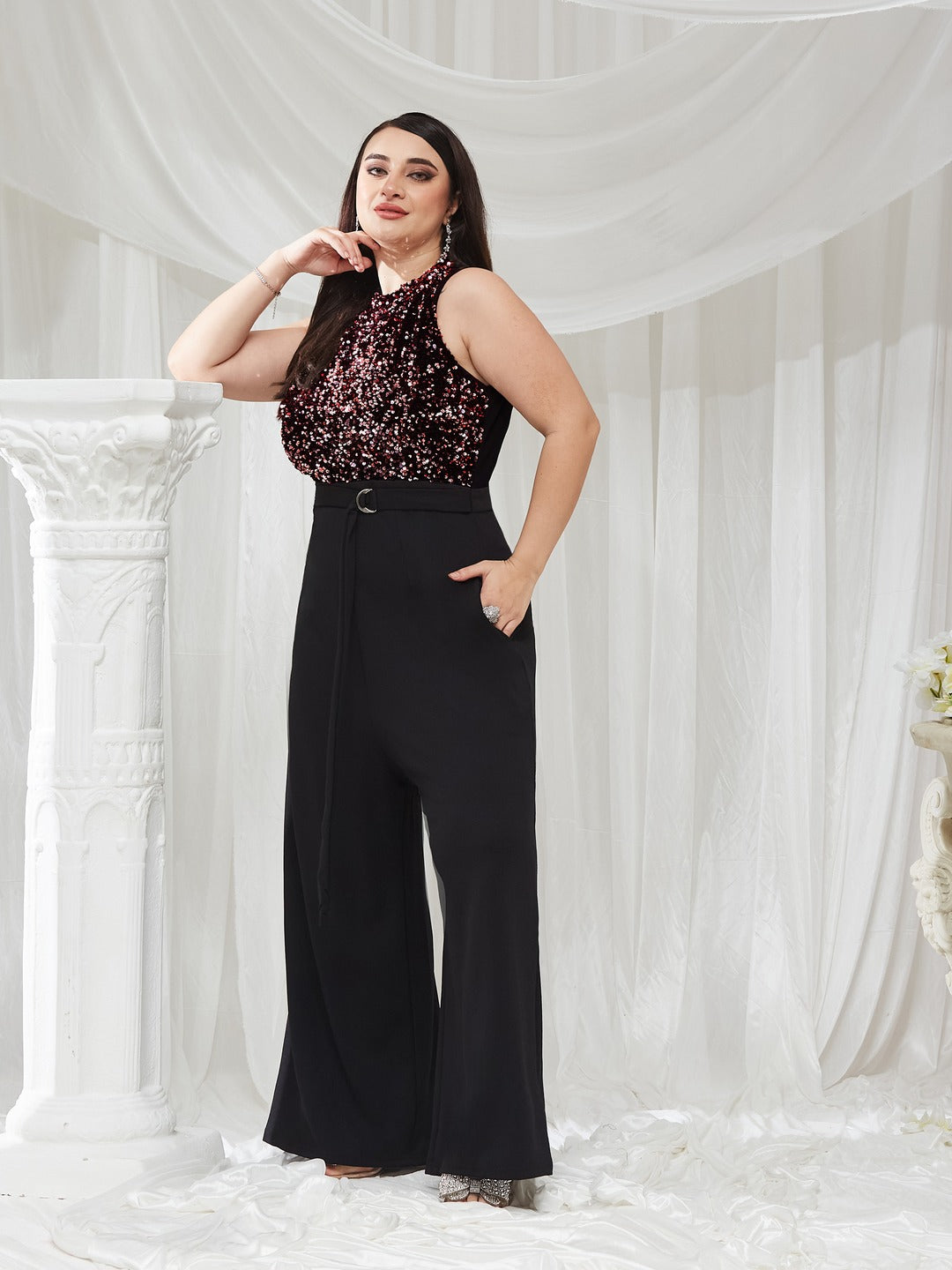 Black & Lavender Embellished Regular Jumpsuit for Women