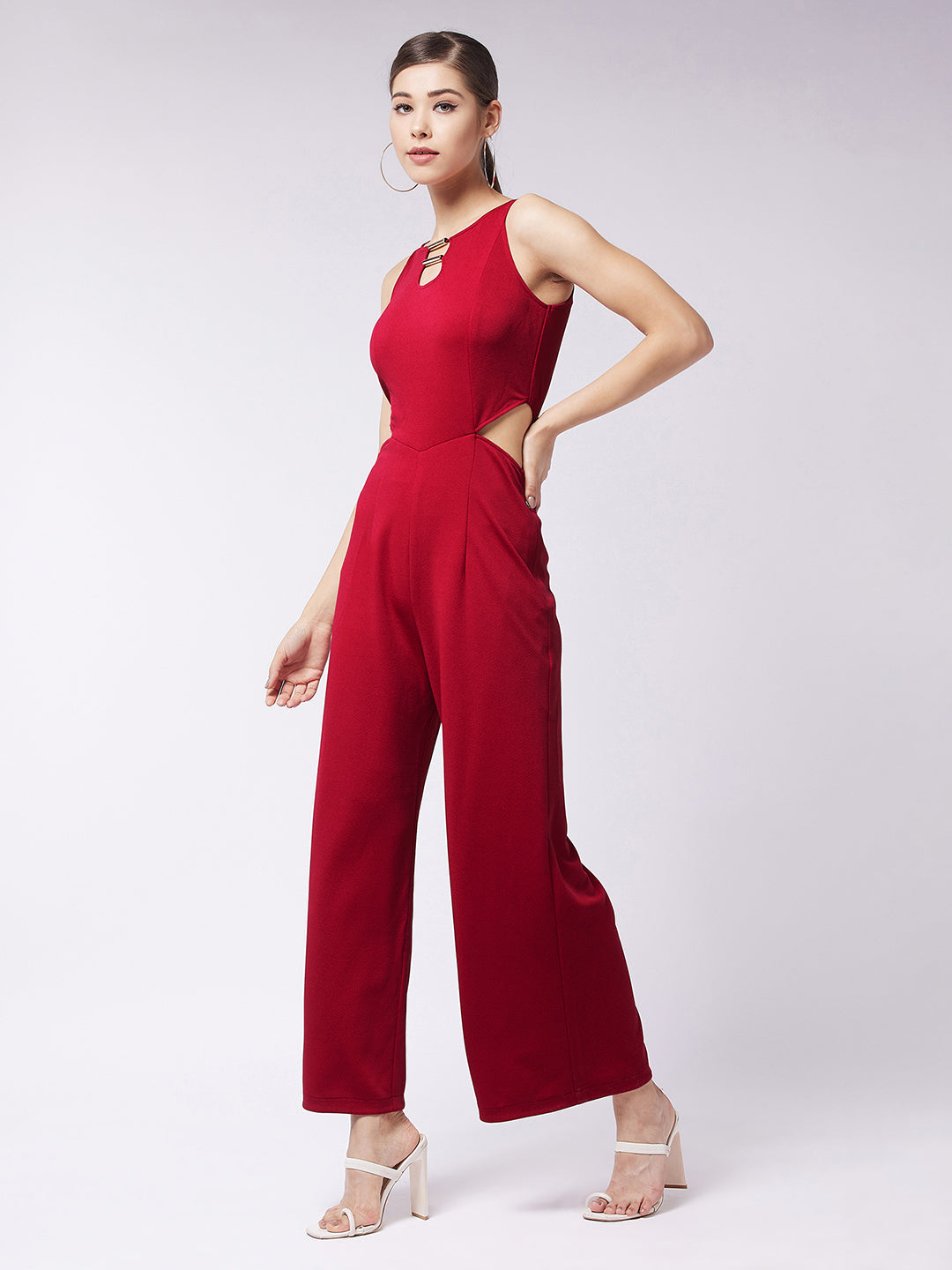 Crease Ease Women's Red Solid Slim Fit Round Neck Sleeveless Regular Length Waist Cut-Out Jumpsuit