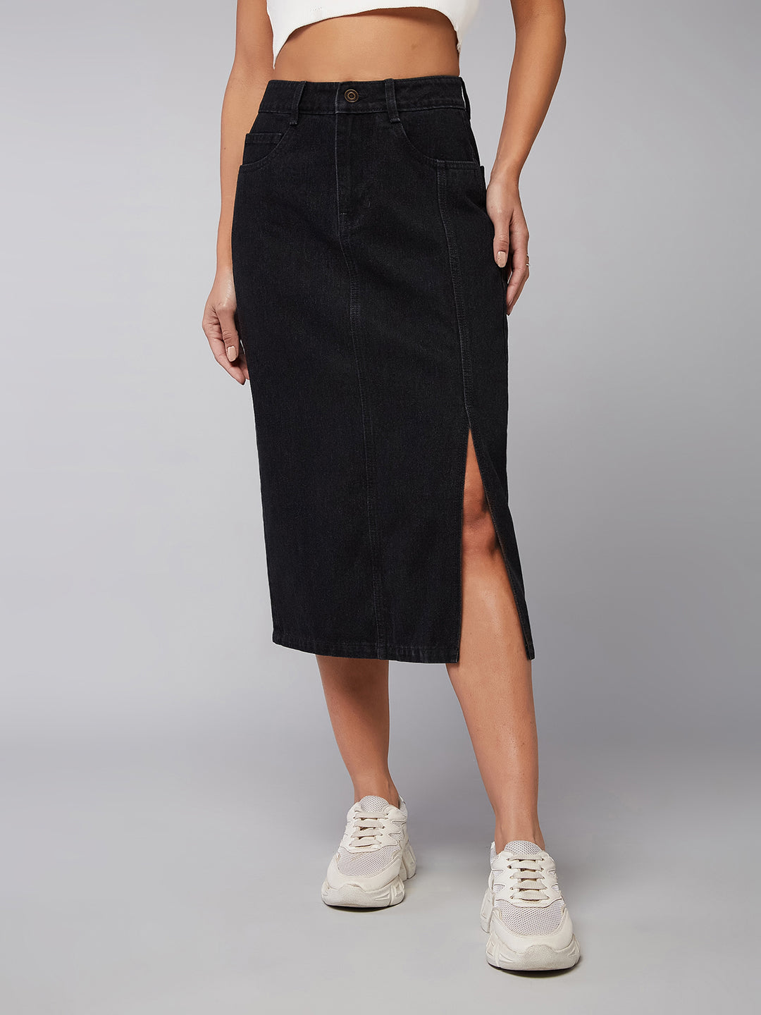 High waisted black denim midi shop skirt