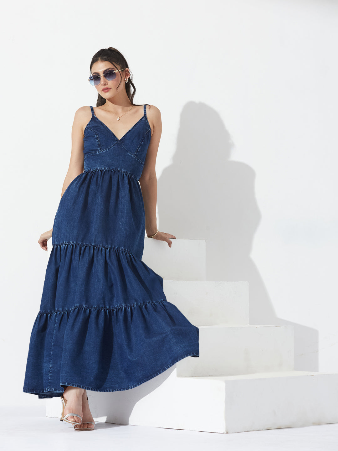 Navy Blue Sweet Heart Sleeveless Solid Tiered Tie Up Maxi Dress Maxi Navy Blue Dress For Women