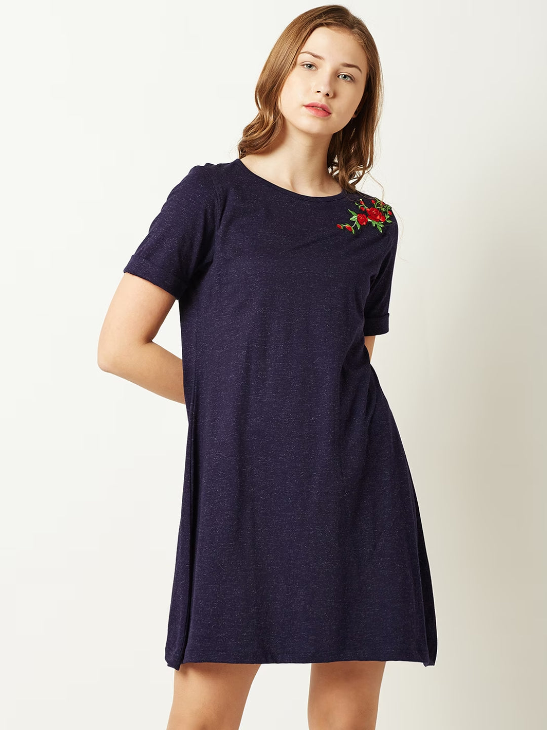 Women's Navy Blue Round Neck Short Sleeve Solid Floral Embroidered Mini A-Line Dress