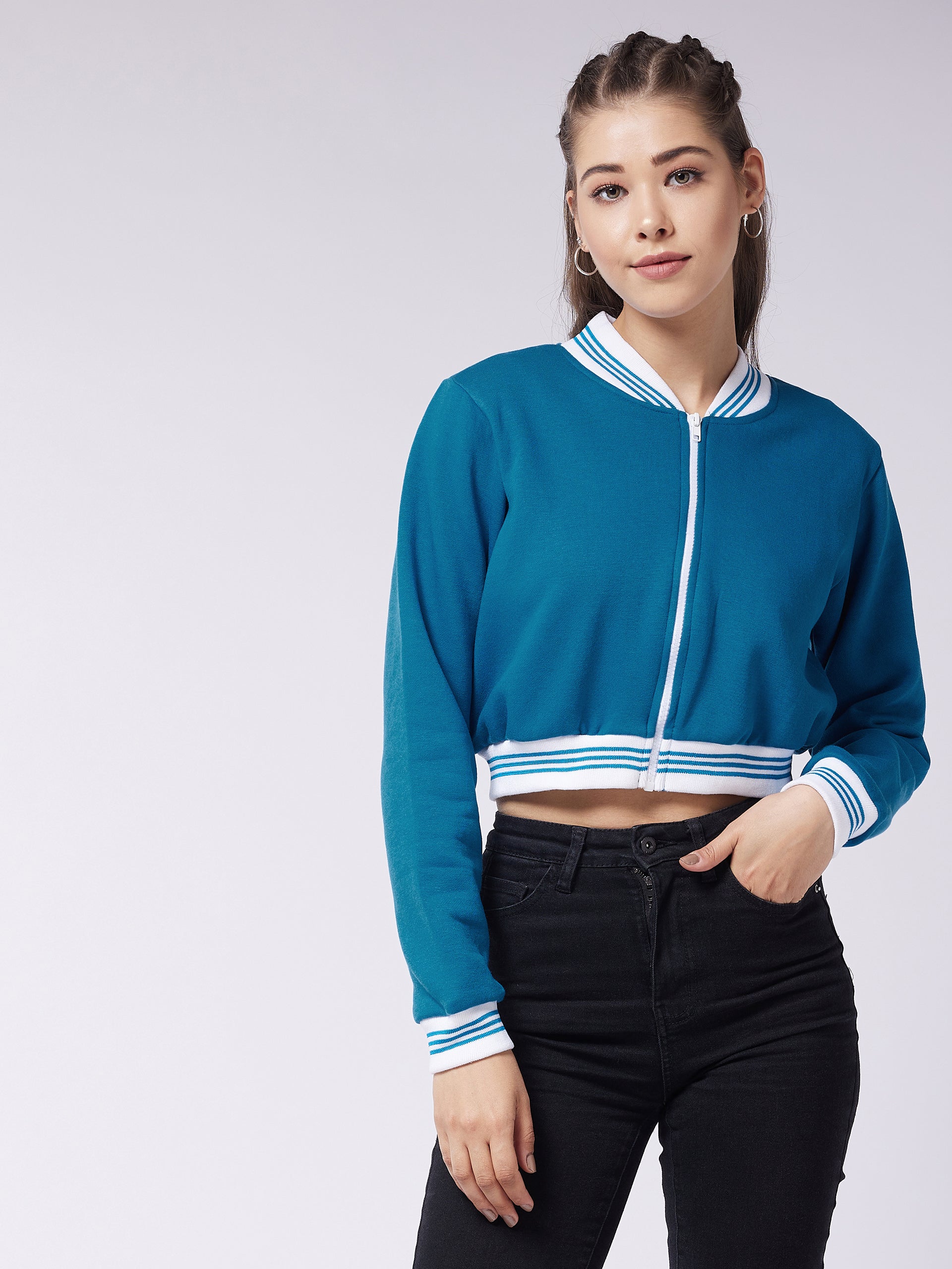 Women's Teal V-Neck Full Sleeve Solid Crop/Bomber Crop Jacket