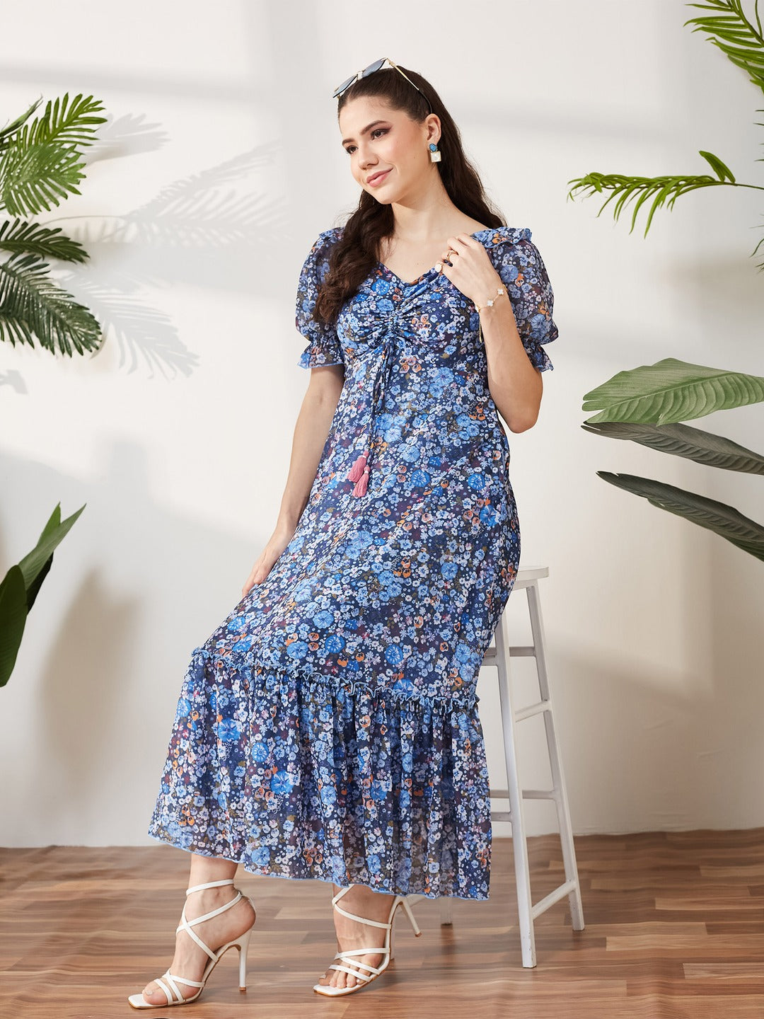 Navy Blue V-Neck Puff Sleeve Floral Ruching Ankle-Length Dress for Women