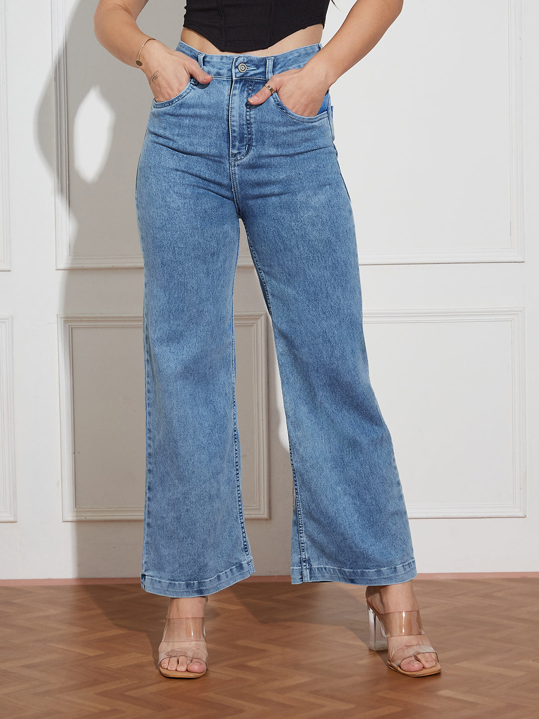 Women's Light Blue Wide-Leg High Rise Clean Look Regular Stretchable Denim Jeans