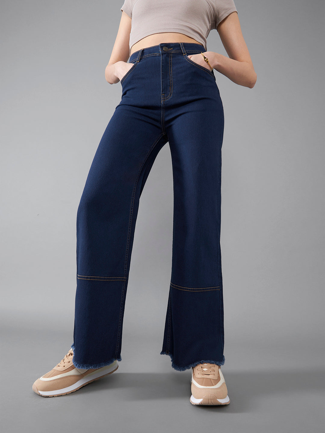 24/7 Comfort Women's Navy Blue Wide Leg High Rise Clean Look Regular Length Stretchable Denim Jeans