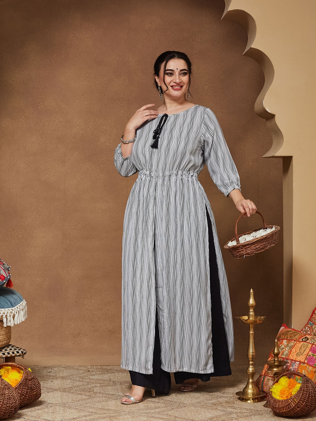 Black & White Round Neck 3/4 Sleeve Striped Tassel Tie-Up Detailing Maxi Top for Women
