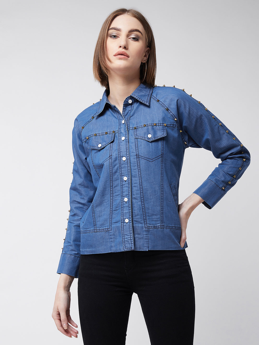 Women's Blue Polo Neck Full Sleeve Solid Embellished Flap Detailing Buttoned Denim Bomber Jacket