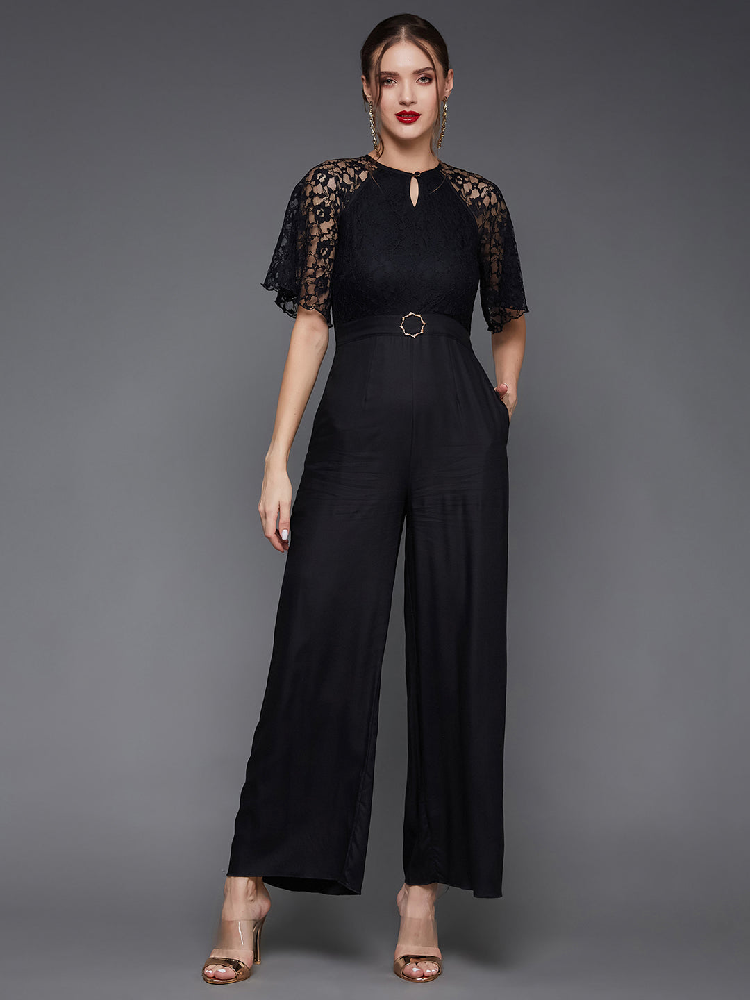 Women's Black Round Neck Flared Sleeve Floral Raglan Jumpsuit