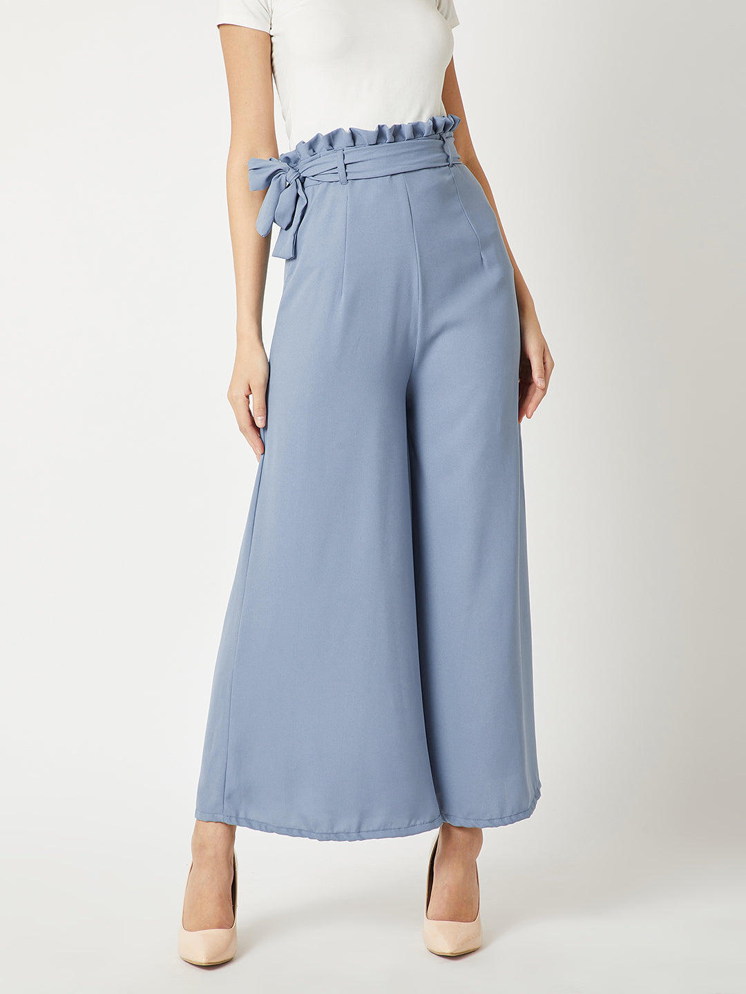 Women's Blue Solid Regular Length Pleated Wide Leg Paper bag Flare Trouser