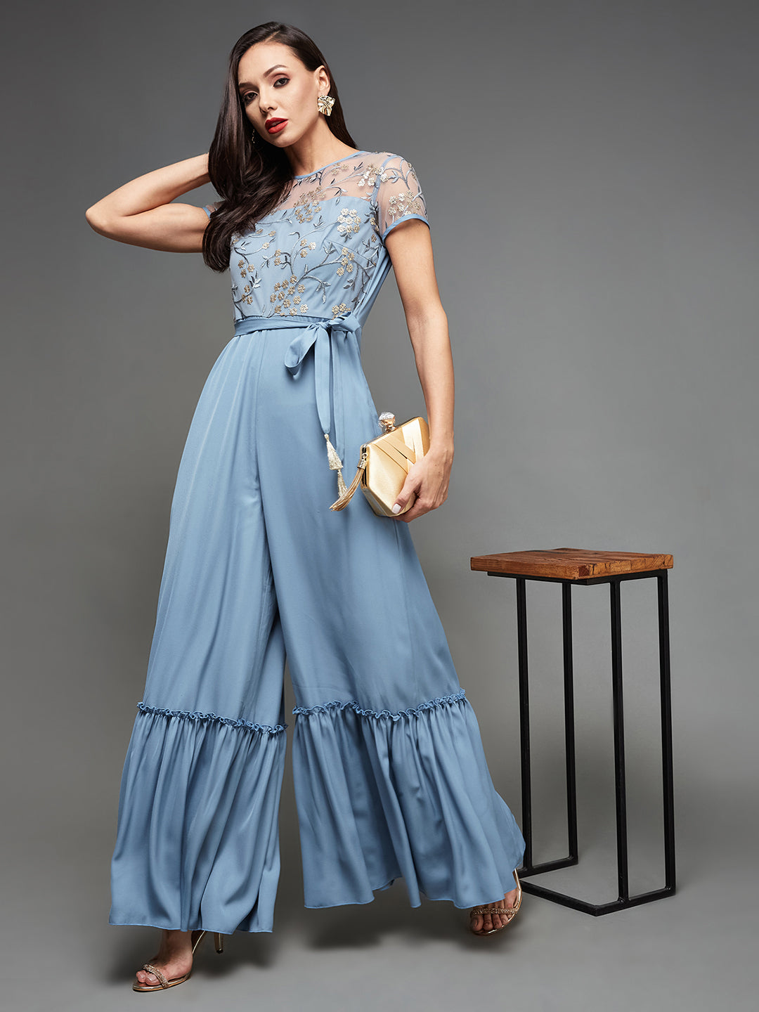 Women's Dusty Blue Round Neck Short Sleeve Floral Tiered Crepe Jumpsuit