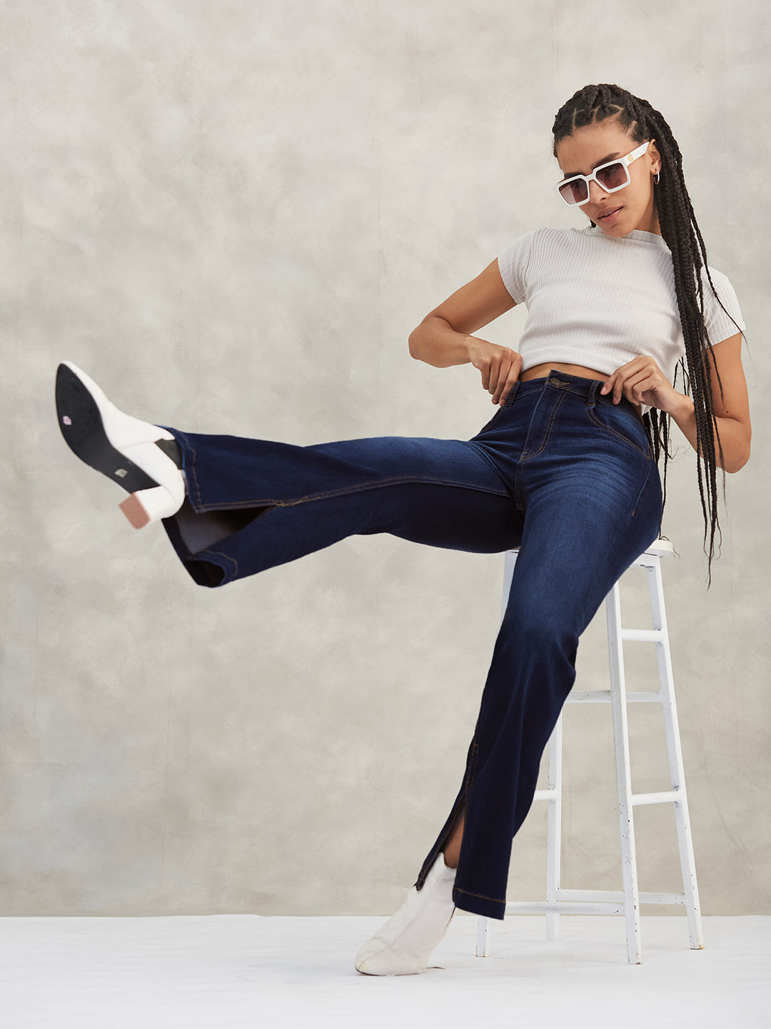 Women's Blue Bootcut Mid Rise Regular Length Denim Stretchable Jeans