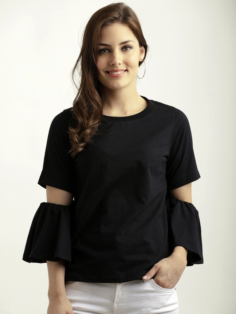 Women's Black Round Neck Flared 3/4 Sleeve Cotton Solid Gathered Cut Out Detail Top