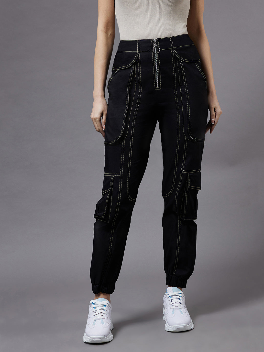 Women's Black Cotton Solid Paneled Regular  Joggers