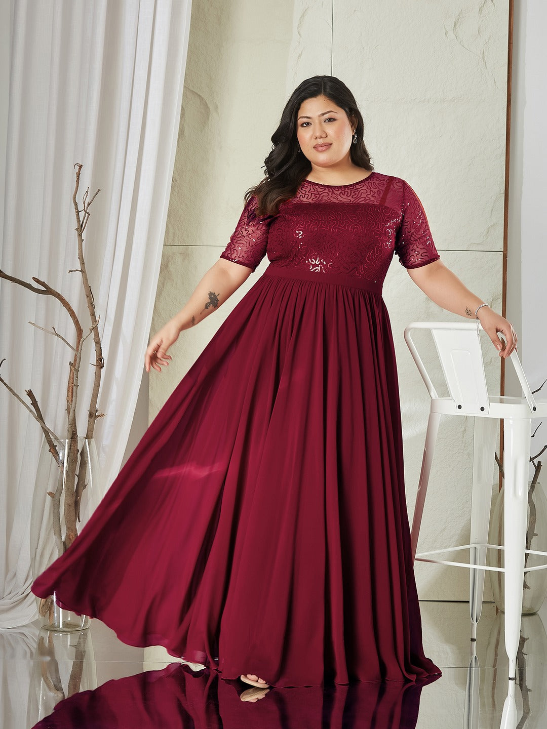 Maaroon Relaxed Fit Maxi Georgette & Sequins Dress for Women