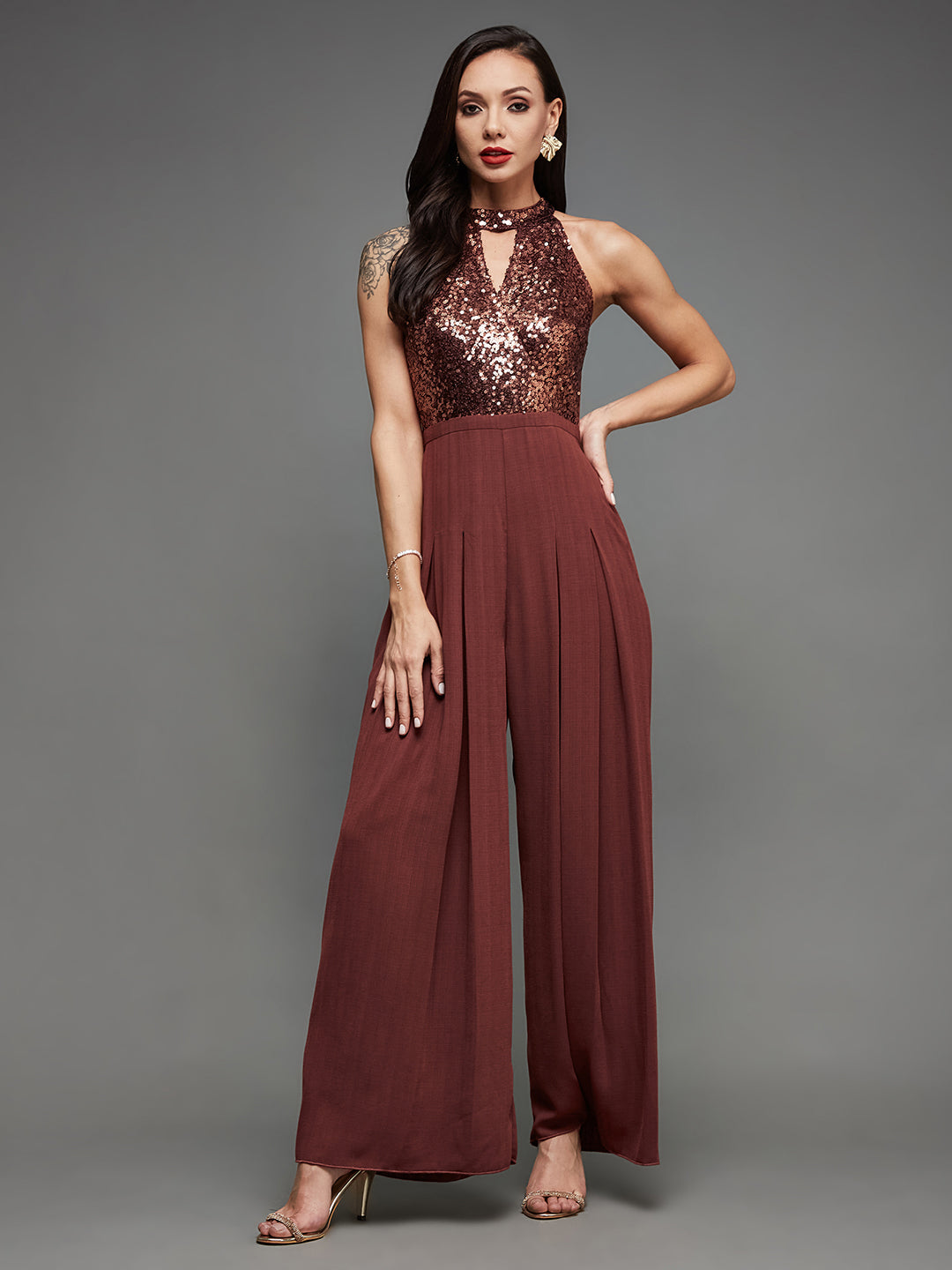 Women's Light Burgundy Halter-Neck Sleeveless Sequined Pleated Crepe Party Jumpsuit