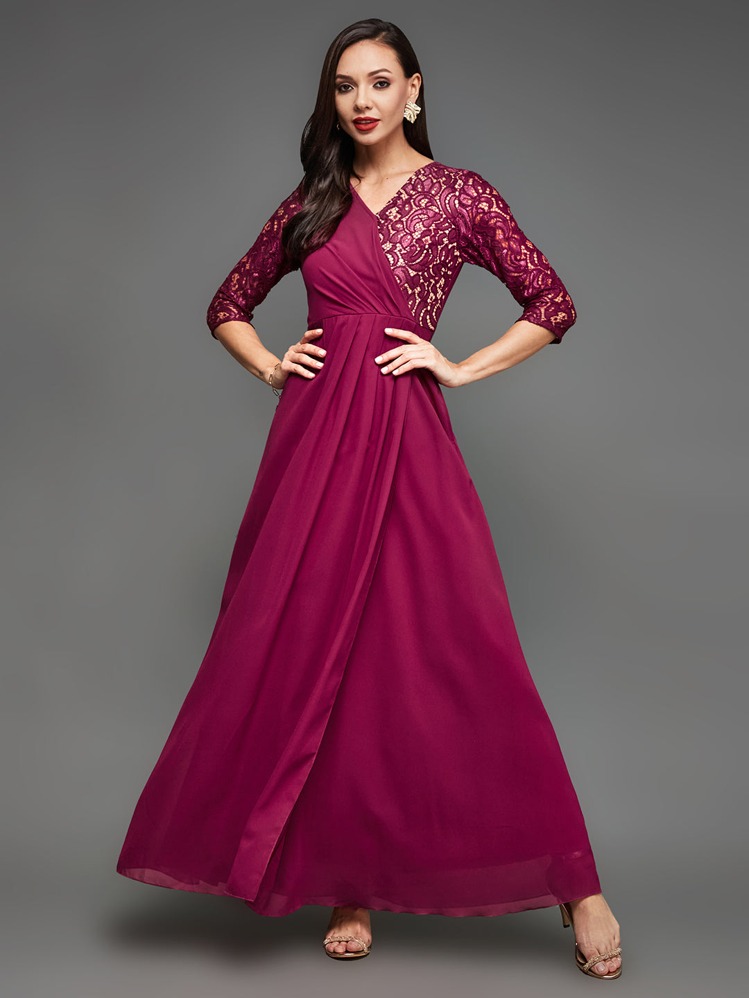 Women's Dark Pink Colored V-Neck Three-Quarter Sleeve Self-Designed Wrap Maxi Georgette Dress