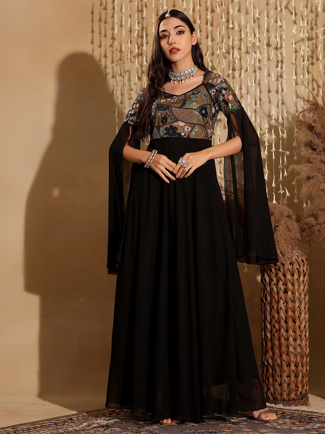 Women's Black Sweet-Heart Full Sleeve Embellished Slit Sleeve Maxi Georgette Dress