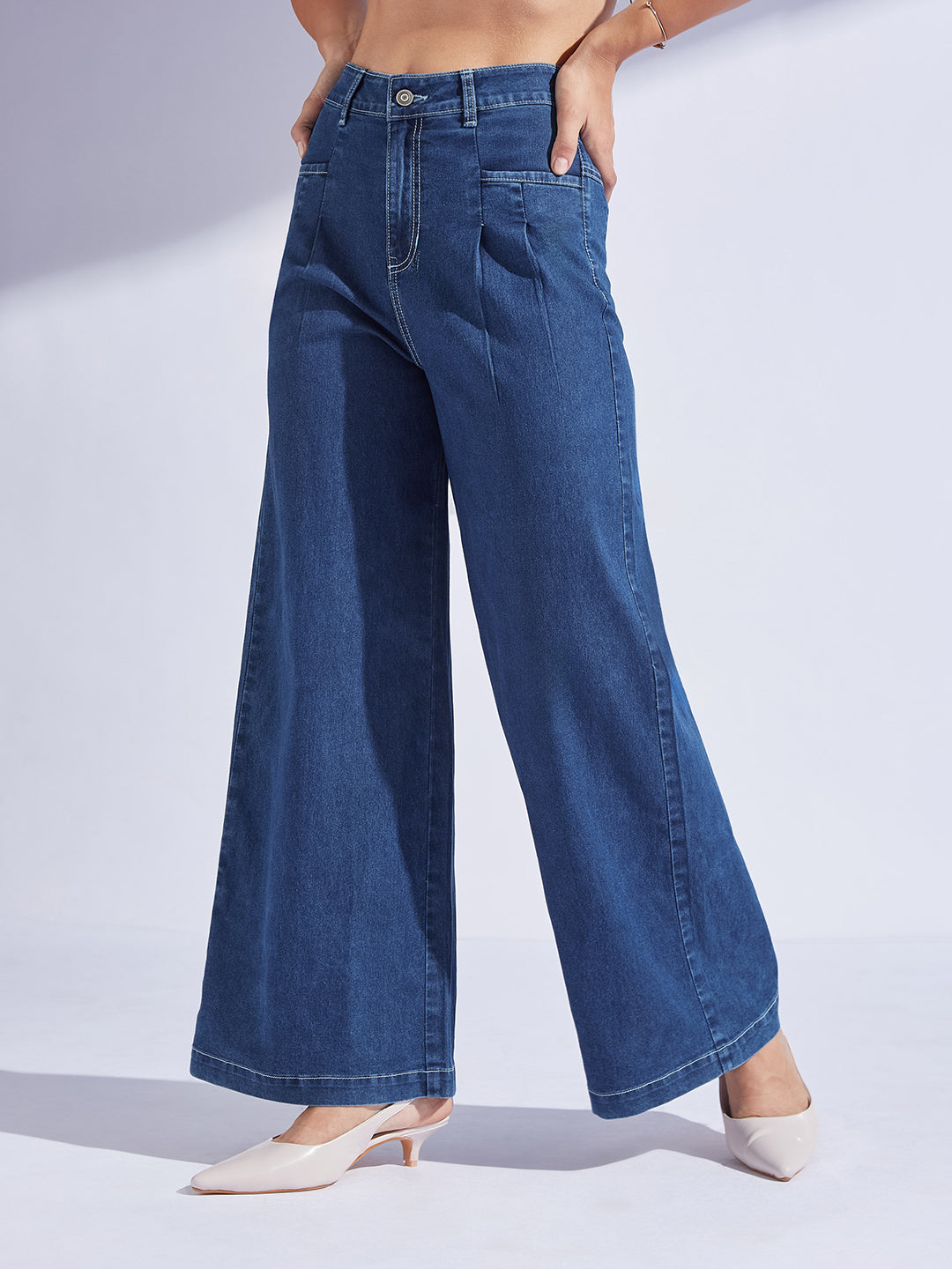 Mid-Rise Dark Blue Korean Pleated Wide-Leg Jeans in Lightweight Stretch Denim for Women