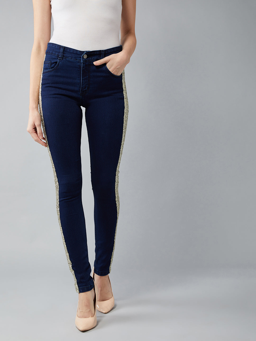 Women's Navy Blue Skinny Mid Rise Clean Look Regular Length Denim Jeans Pant