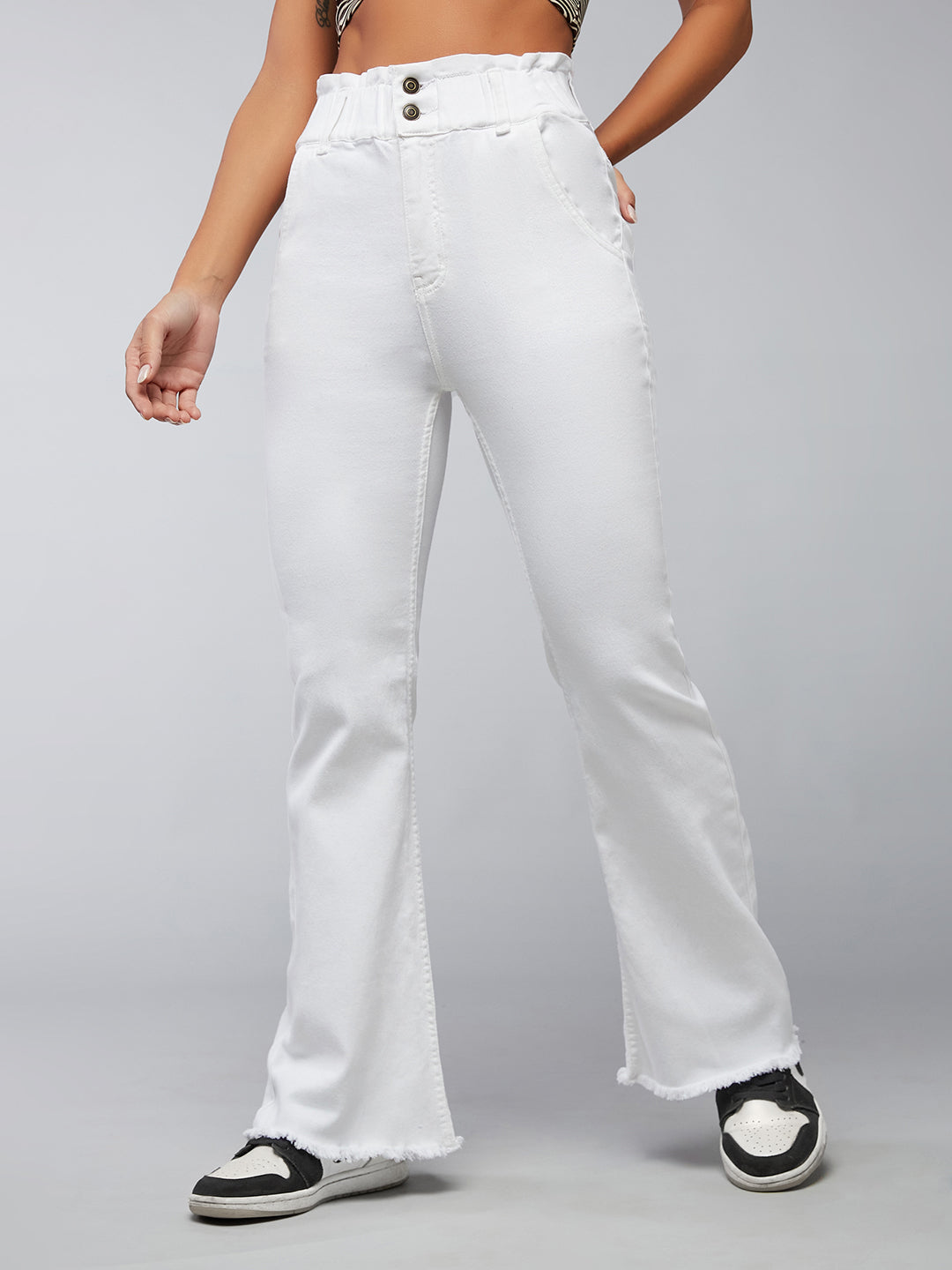 Women's White Flared High Rise Clean Look Ankle length Stretchable Denim Jeans
