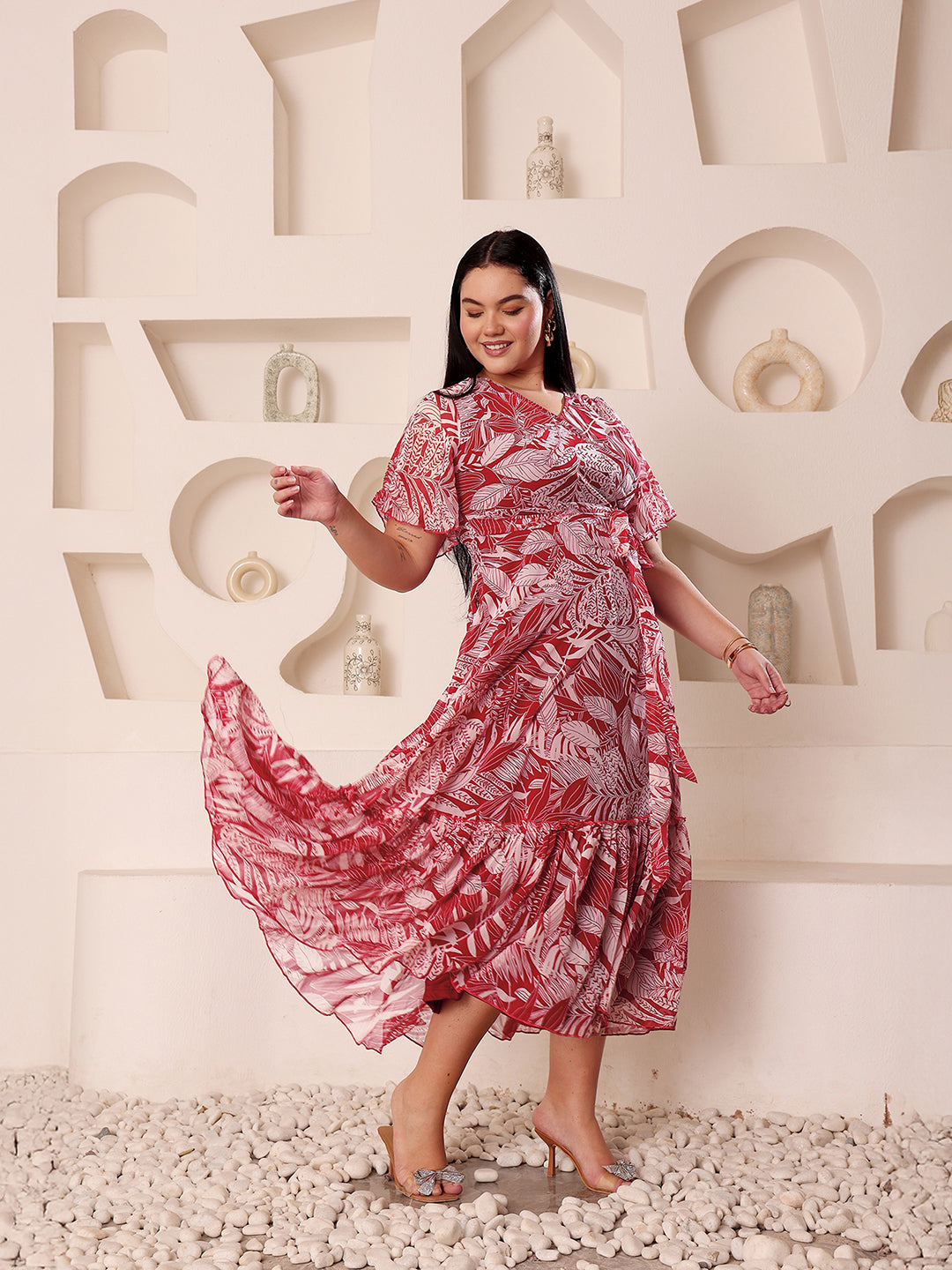 Body Bliss Multicolored-Base-Maroon V-Neck Flared Sleeve Floral Wrap Maxi Dress