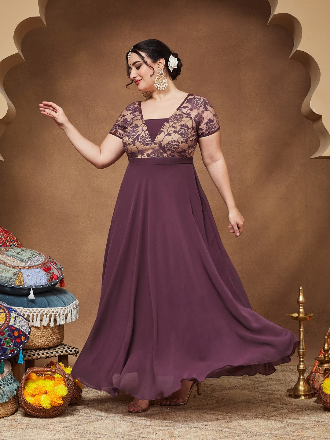 Mauve Square-Neck Raglan-Sleeve Self-Designed Flared Georgette Maxi Dress for Women