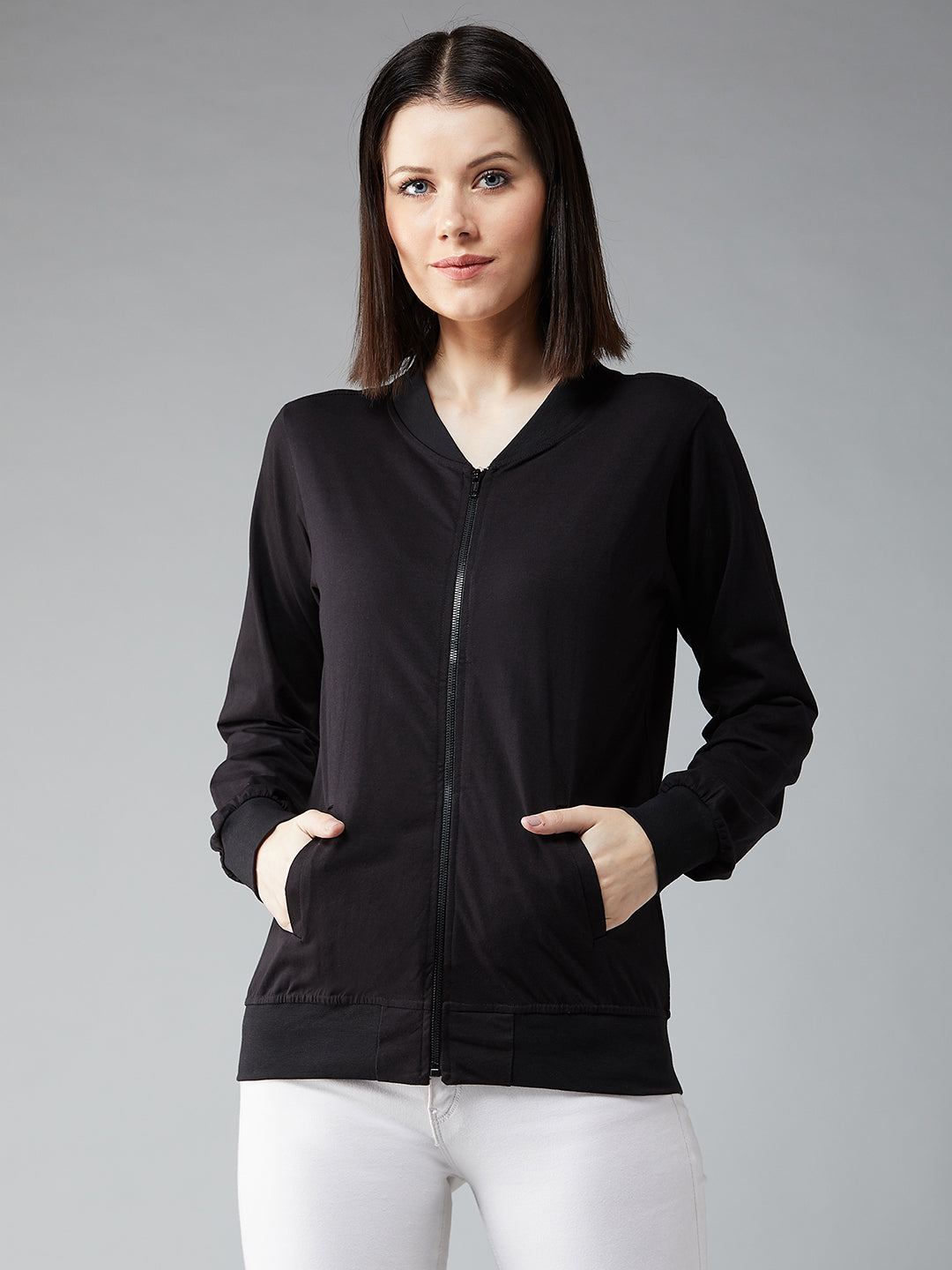 Women's Black Round Neck Full Sleeve Cotton Solid Bomber Jacket