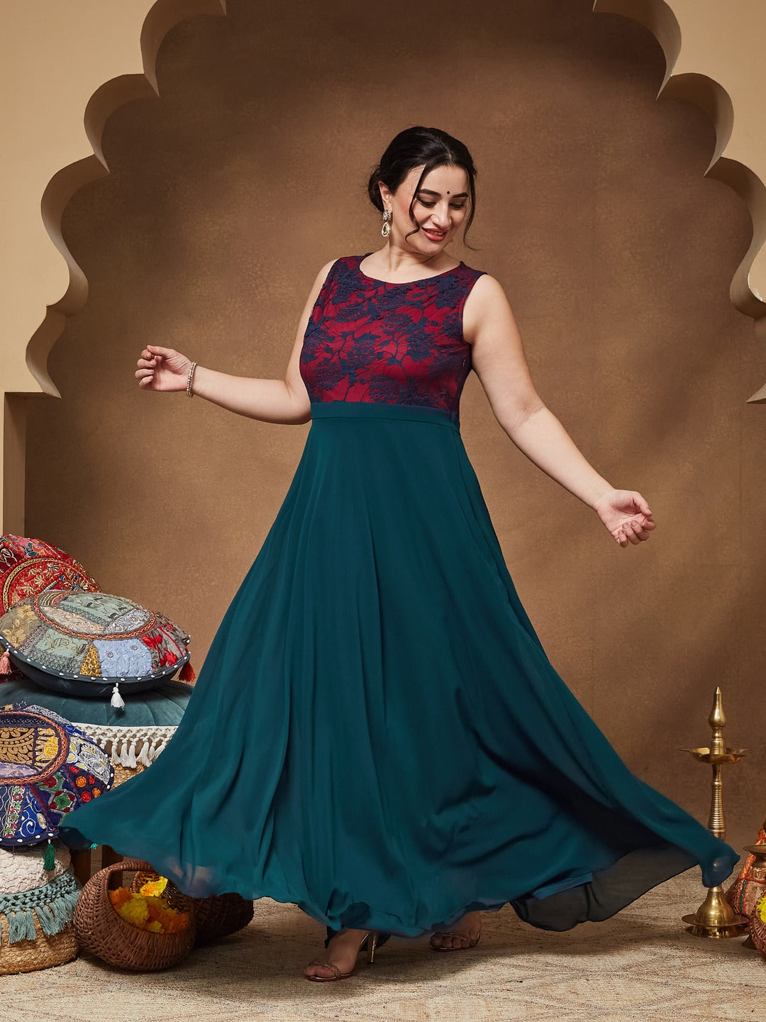 Teal Round Neck Sleeveless Georgette & Lace Floral Fit & Flare Maxi Dress for Women