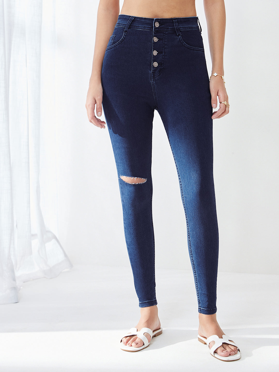 24/7 Comfort Navy Blue Skinny High-Rise Knee Slit  Denim Jeans For Women