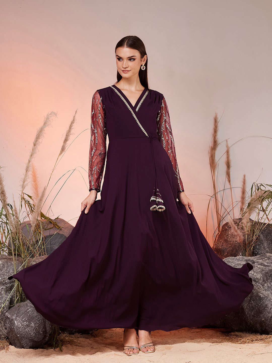 Dark Purple V-Neck Full Sleeve Embellished Fit & Flare Maxi Georgette Ethnic Dress for Women — Miss Chase