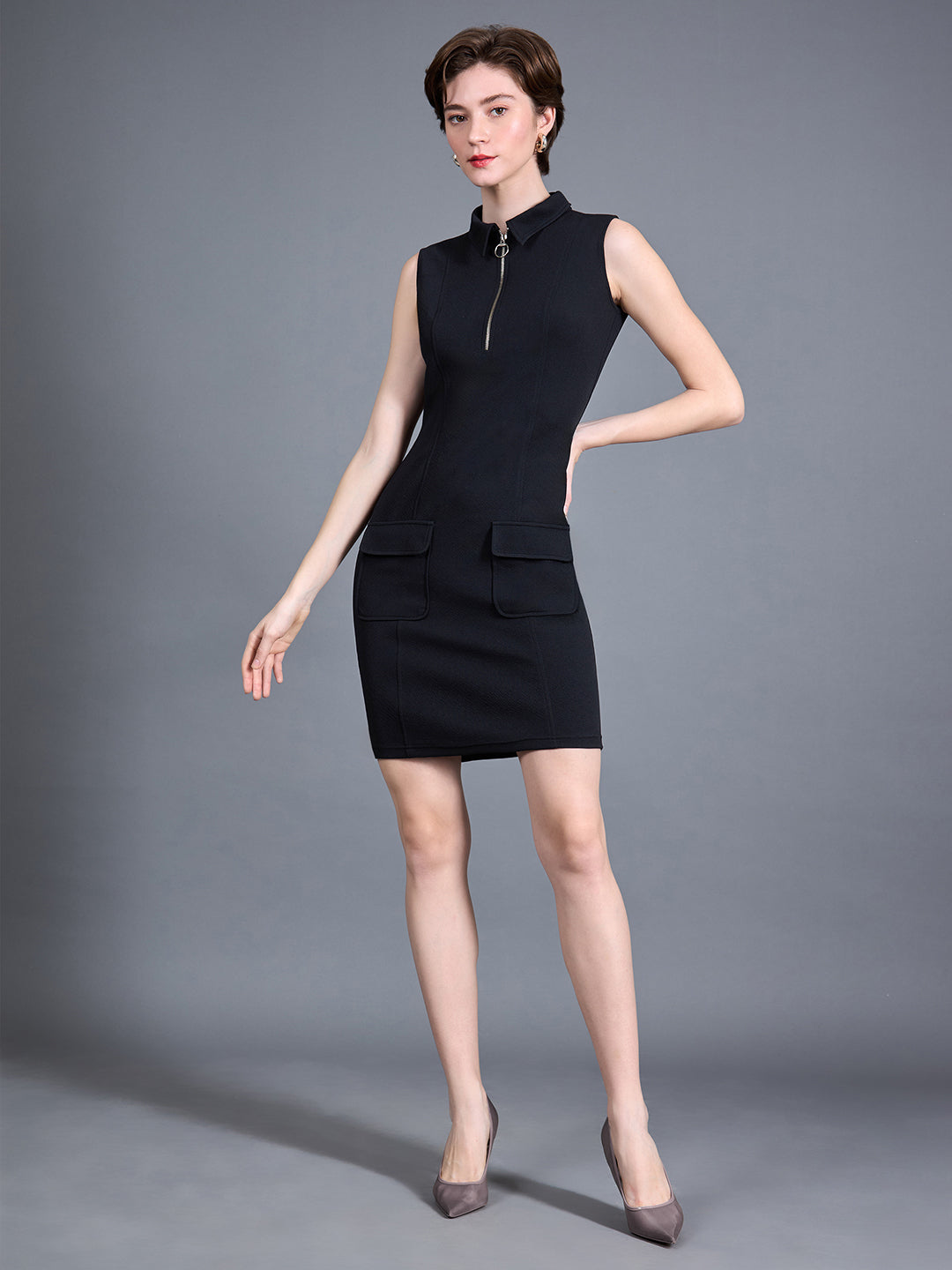 Women's Black Collared Sleeveless Polyester Solid Bodycon Knee-Long Dress