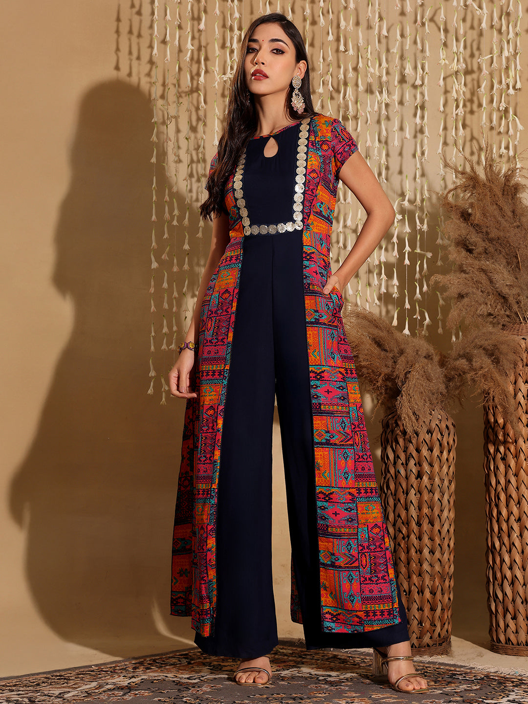Women's Multicolored Keyhole-Neck Regular-Sleeve Bohemian Paneled Viscose-Rayon Regular-Length Jumpsuit