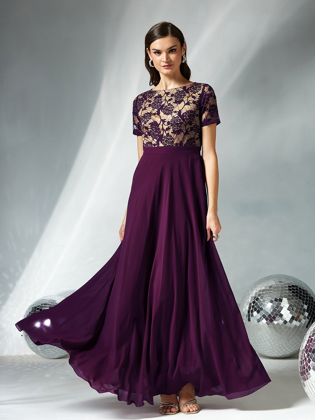 Women's Dark Purple Round Neck Half Sleeve Self Design Fit & Flare Georgette Maxi Dress