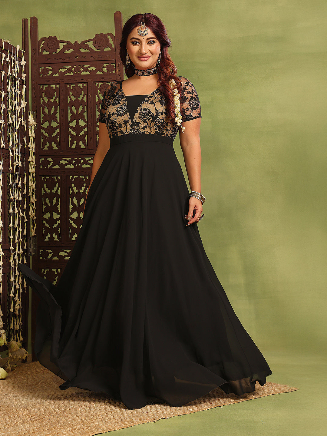 Women's Black Square Neck Raglan Short-Sleeved Self-Design Lace-Overlaid Georgette Maxi Dress