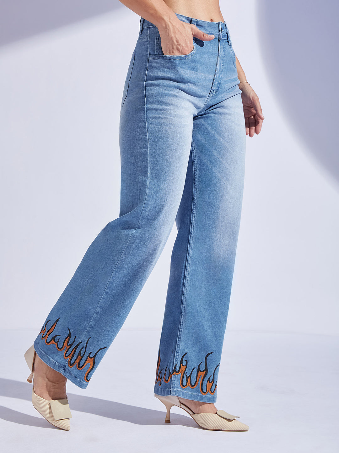 Women's Light Blue Straight Fit Mid Rise Hand Painted Stretchable Denim Jeans