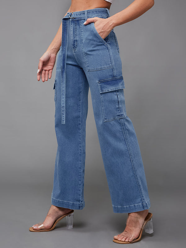 24/7 Comfort Women's Mid Blue Wide-Leg High-Rise Stretchable Cargo Denim Jeans