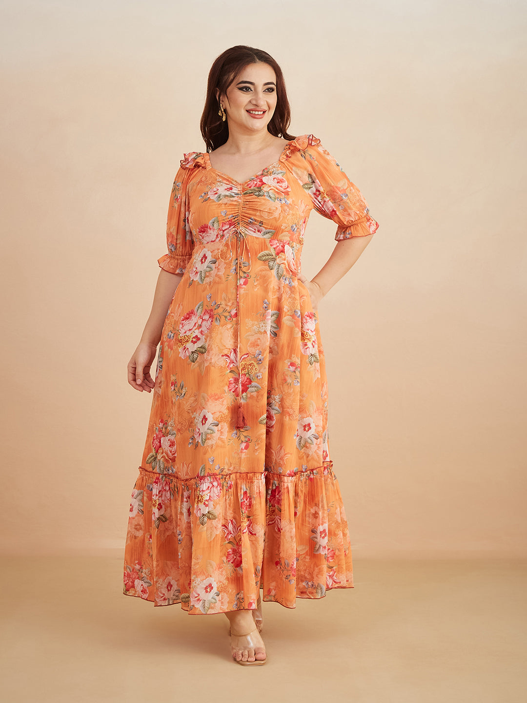 Multicolored-Base-Orange V-Neck Puff Sleeve Floral Ruching Ankle-Length Dress for Women