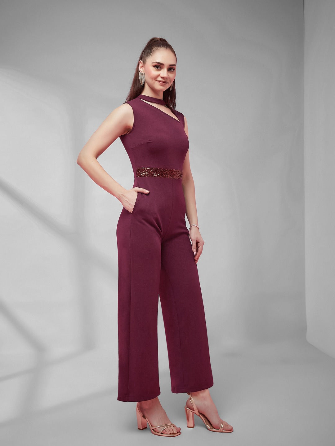 Wine Collared Sleeveless Solid Asymmetric Neck Cut-Out Regular Length Jumpsuit for Women