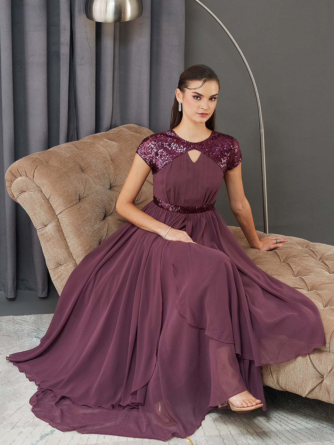 Women's Mauve Keyhole Short Sleeve Embellished Layered georgette Maxi Dress