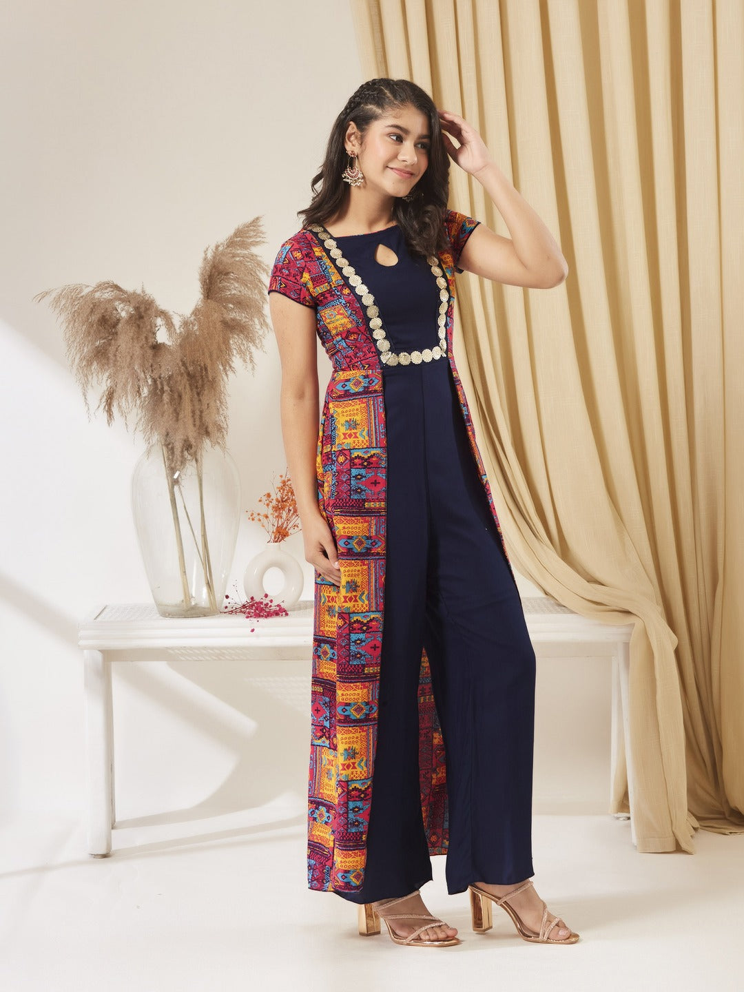 Navy Blue Keyhole-Neck Regular Sleeve Bohemian Paneled Viscose-Rayon Jumpsuit for Girls/Teenagers