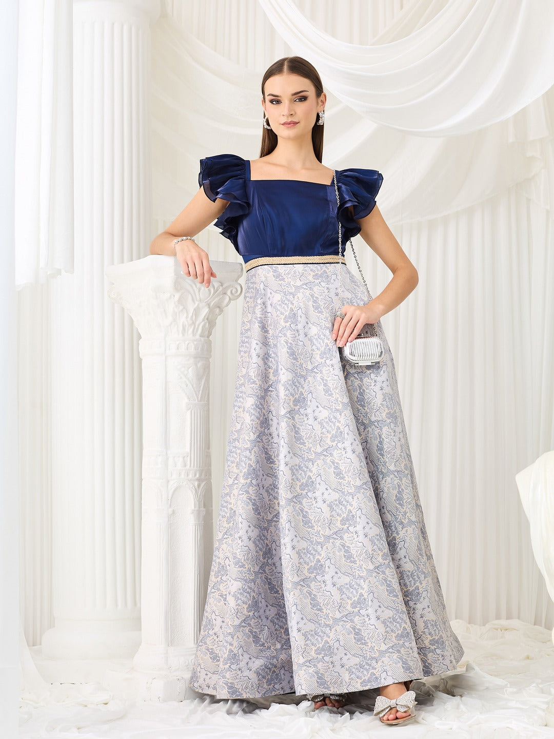 Navy Blue White Square Neck Ruffled Floral Maxi Dress for Women