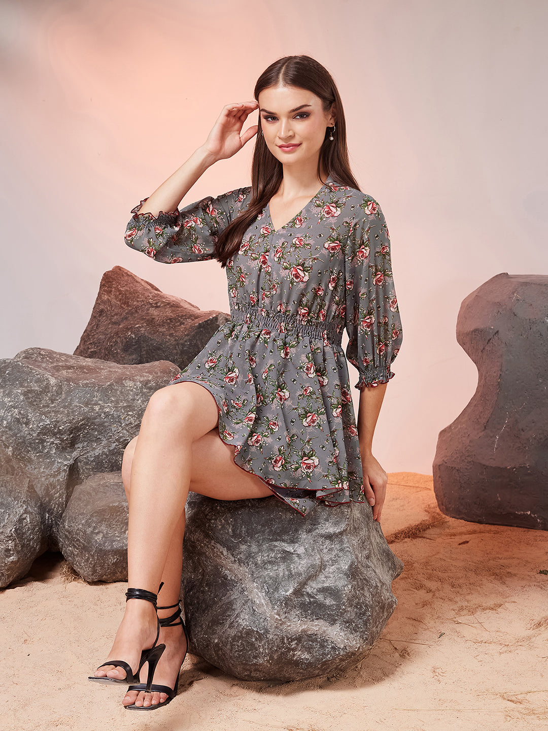 Women’s Multicolored Base Grey Mandarin Collar Full-Sleeved Floral Layered Knee-Long Georgette Playsuit for Women — Miss Chase