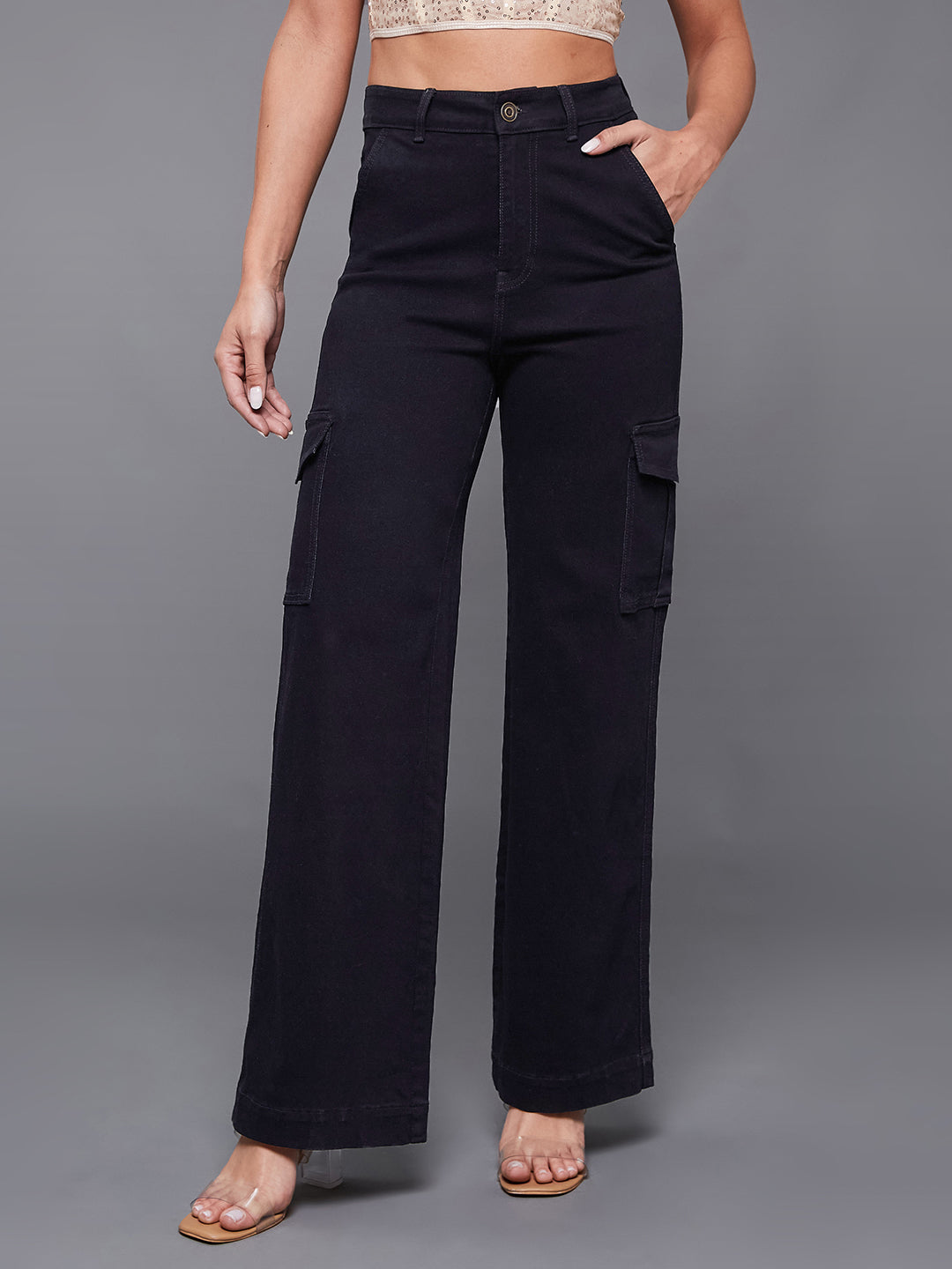 24/7 Comfort Women's Black Wide-Leg High-Rise Stretchable Denim Jeans