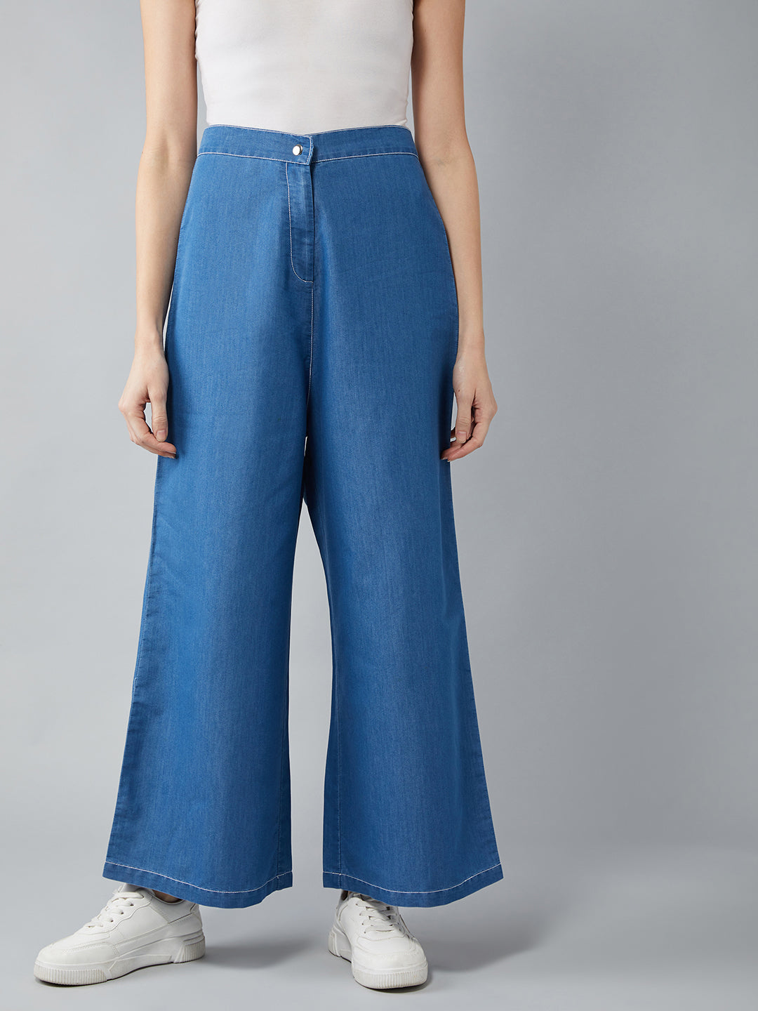 Women's Blue Wide-Leg High Rise Clean Look Light Weight Regular Length Denim Pants