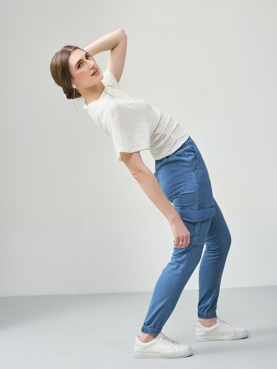 Light Blue Regular high-rise Regular Stretchable Light Weight Denim joggers for Women