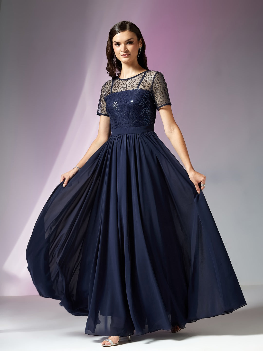 Navy-Blue Relaxed Fit Maxi Georgette & Sequins Dress for Women
