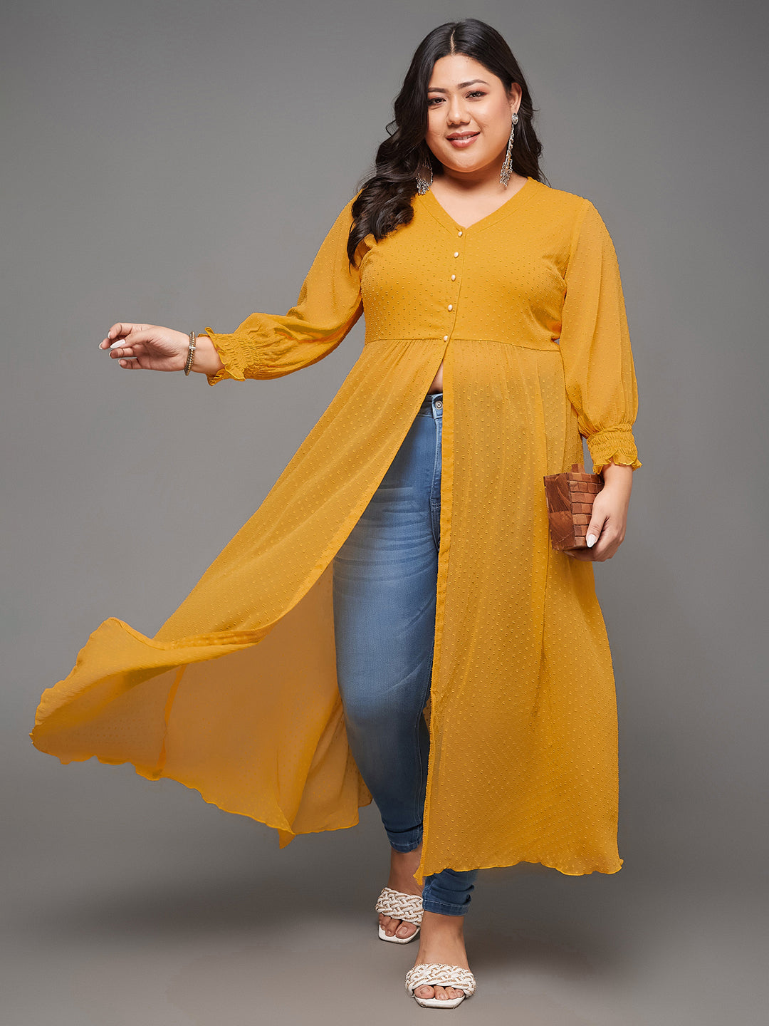 Women's Mustard Yellow V-Neck 3/4 Sleeves solid empire Maxi Top